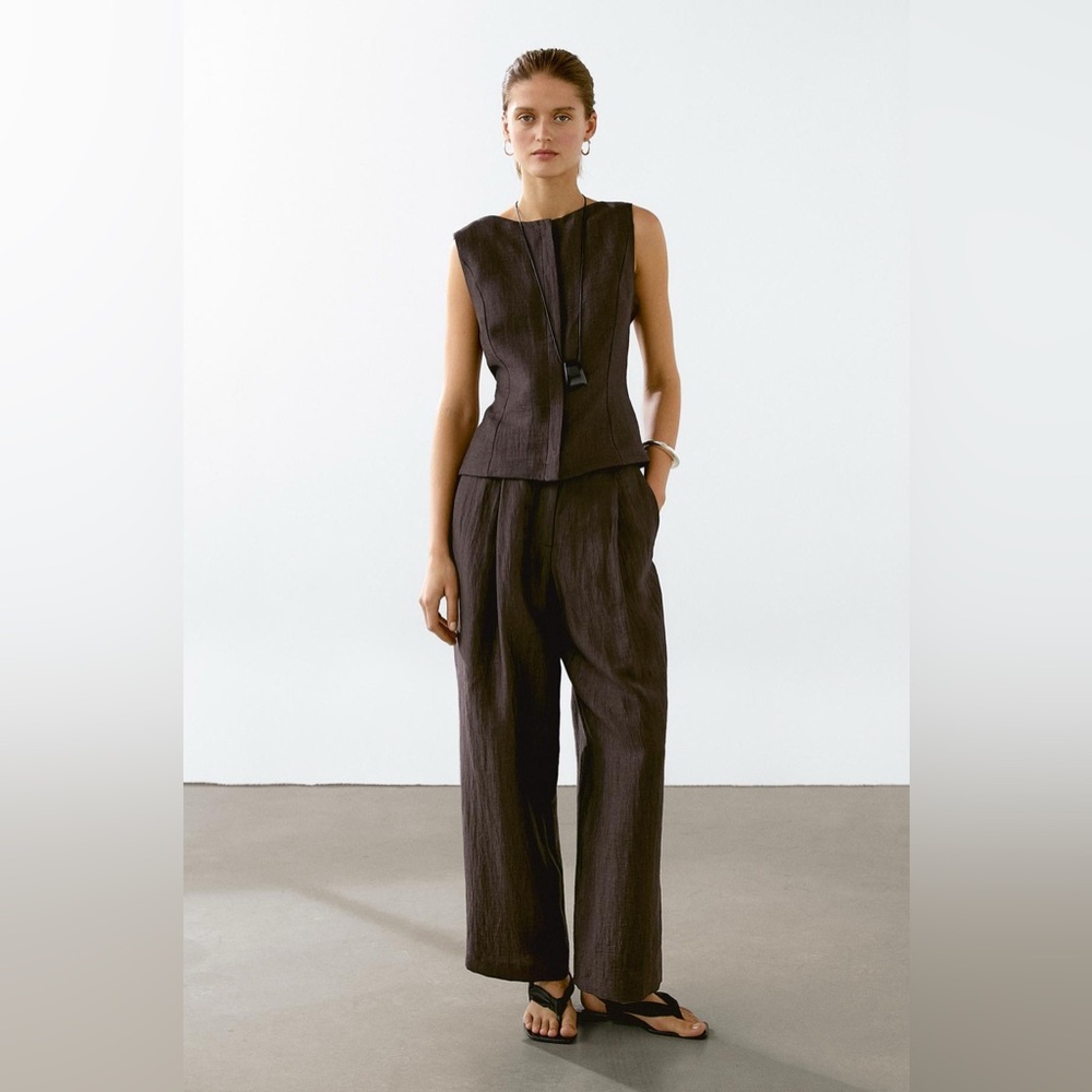 NWT Massimo Dutti Brown Linen Flowy Trousers size 4